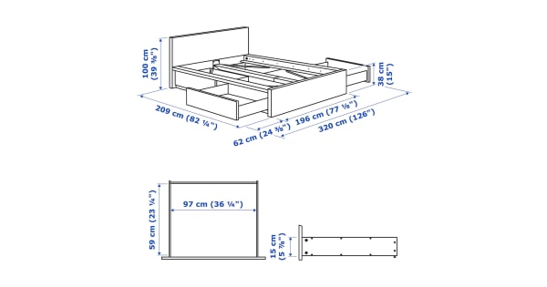 IKEA MALM Bed w 4 storage boxes white stained oak veneer Luroy 180x200cm